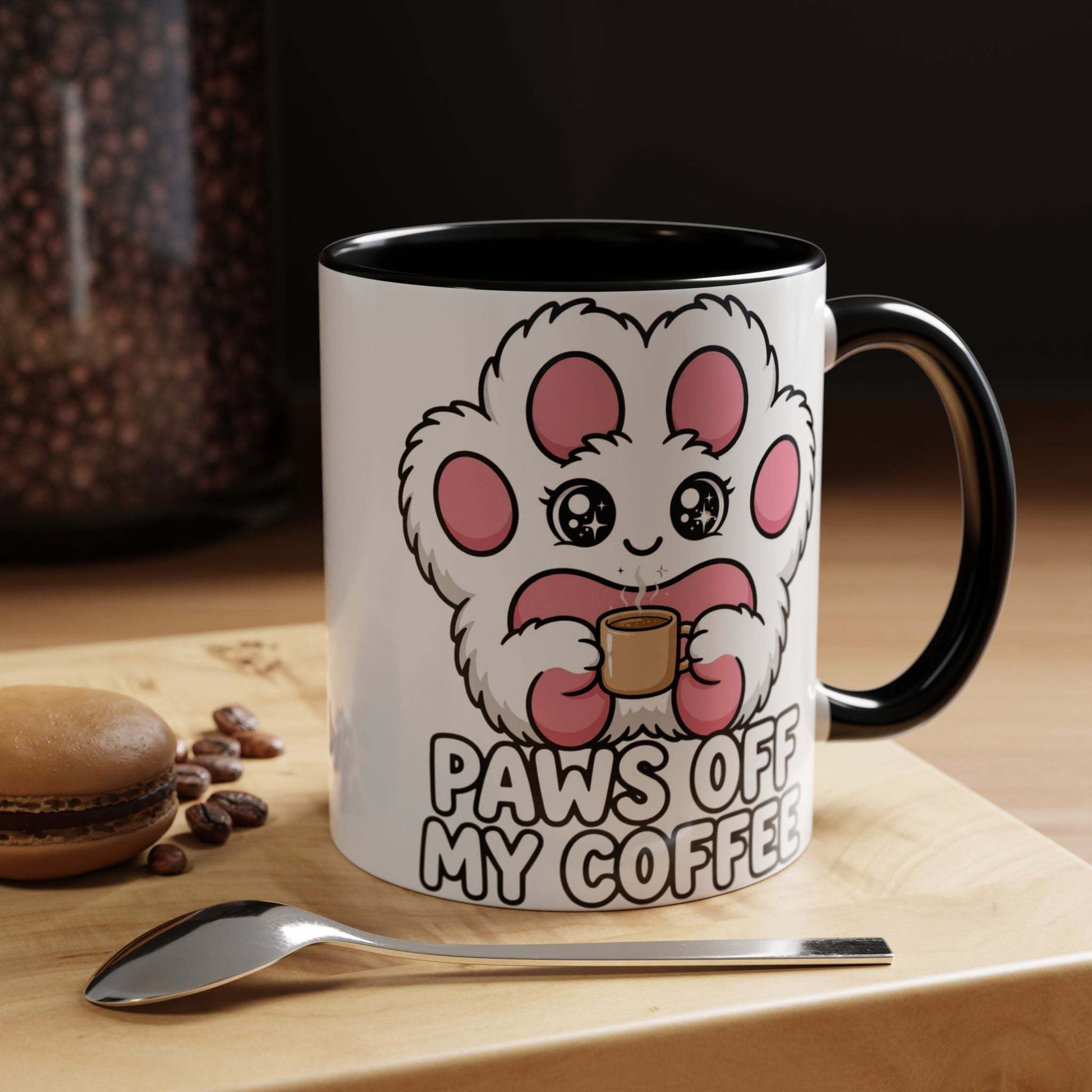 Paws Off My Coffee dog mug with funny dog paw graphic and text