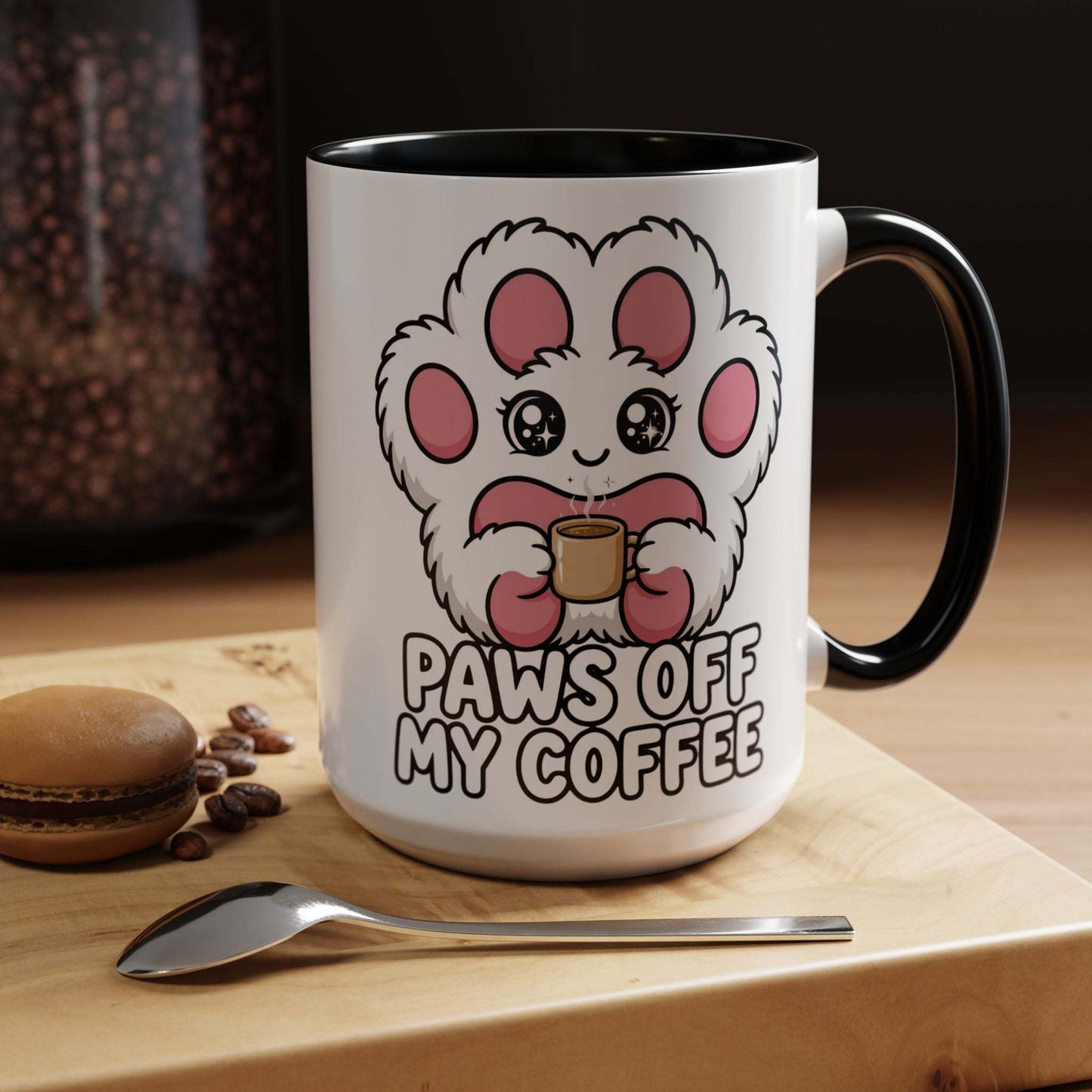 White ceramic dog coffee mug with paws off my coffee design