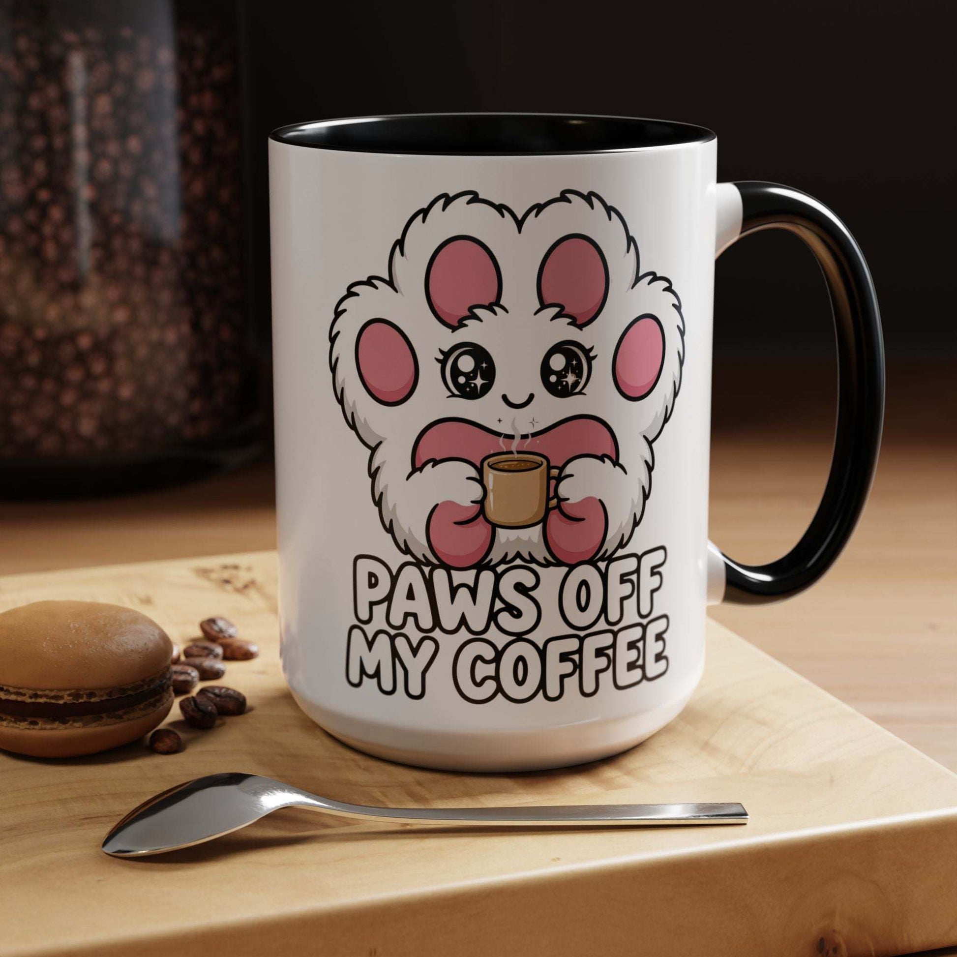 White ceramic dog coffee mug with paws off my coffee design