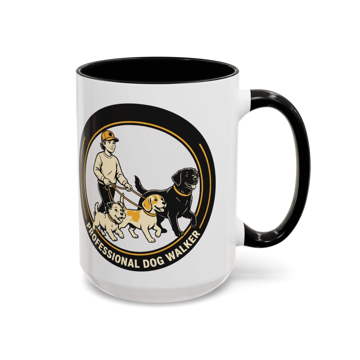 Professional dog walker mug with colorful handle and leash illustration