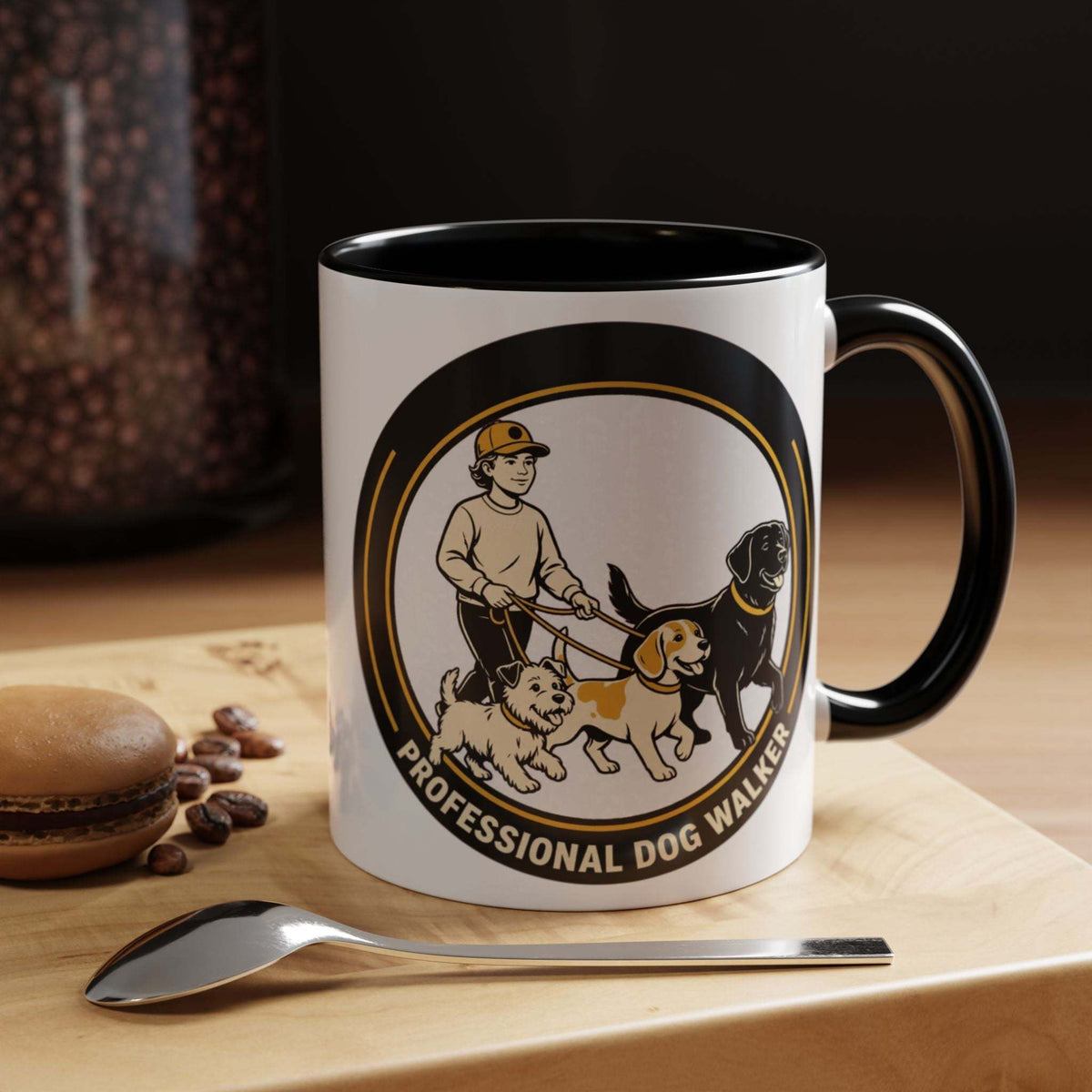 Professional dog walker mug with colorful handle and leash illustration