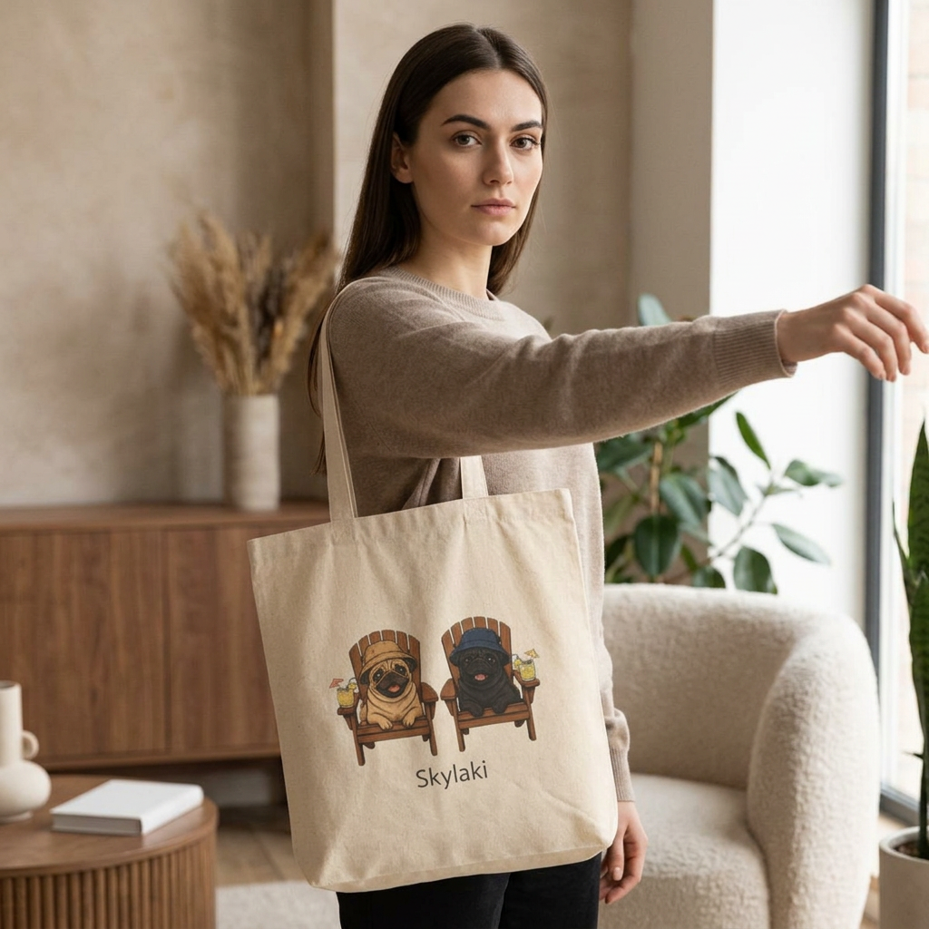 cotton canvas pug tote bag with vintage dog illustration