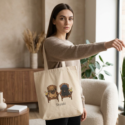cotton canvas pug tote bag with vintage dog illustration
