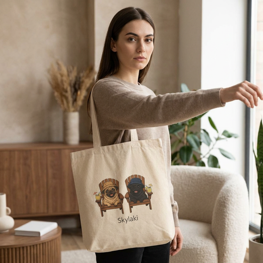 cotton canvas pug tote bag with vintage dog illustration