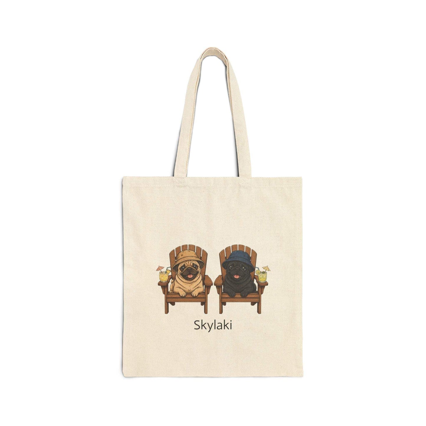 Pug tote bag with vintage dog illustration on natural cotton canvas