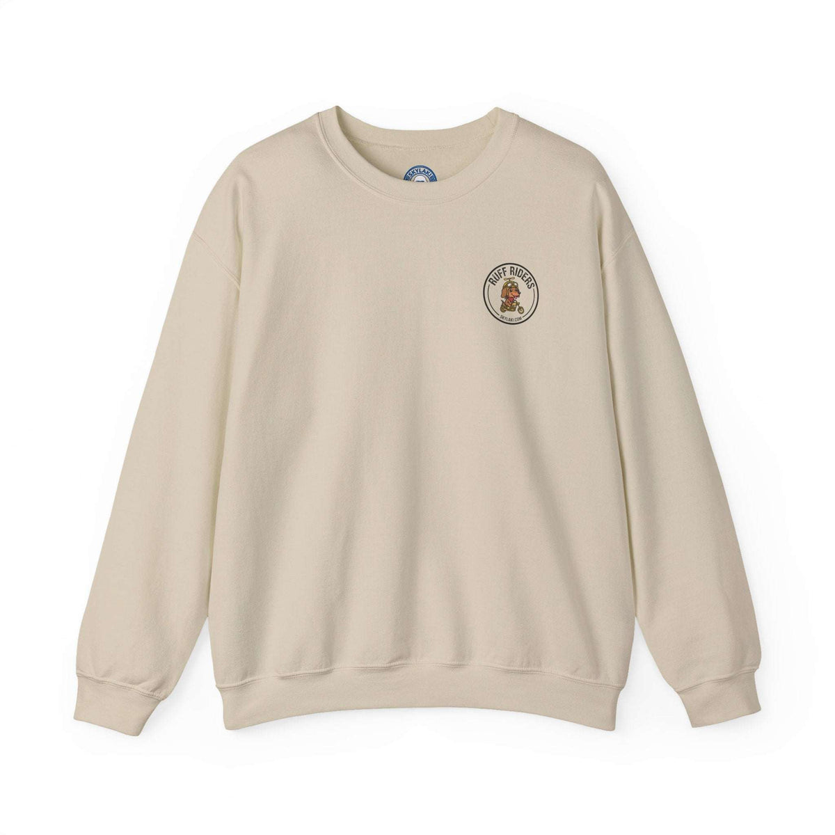 Ruff Riders Dog Sweatshirt with embroidered back graphic on a small dog