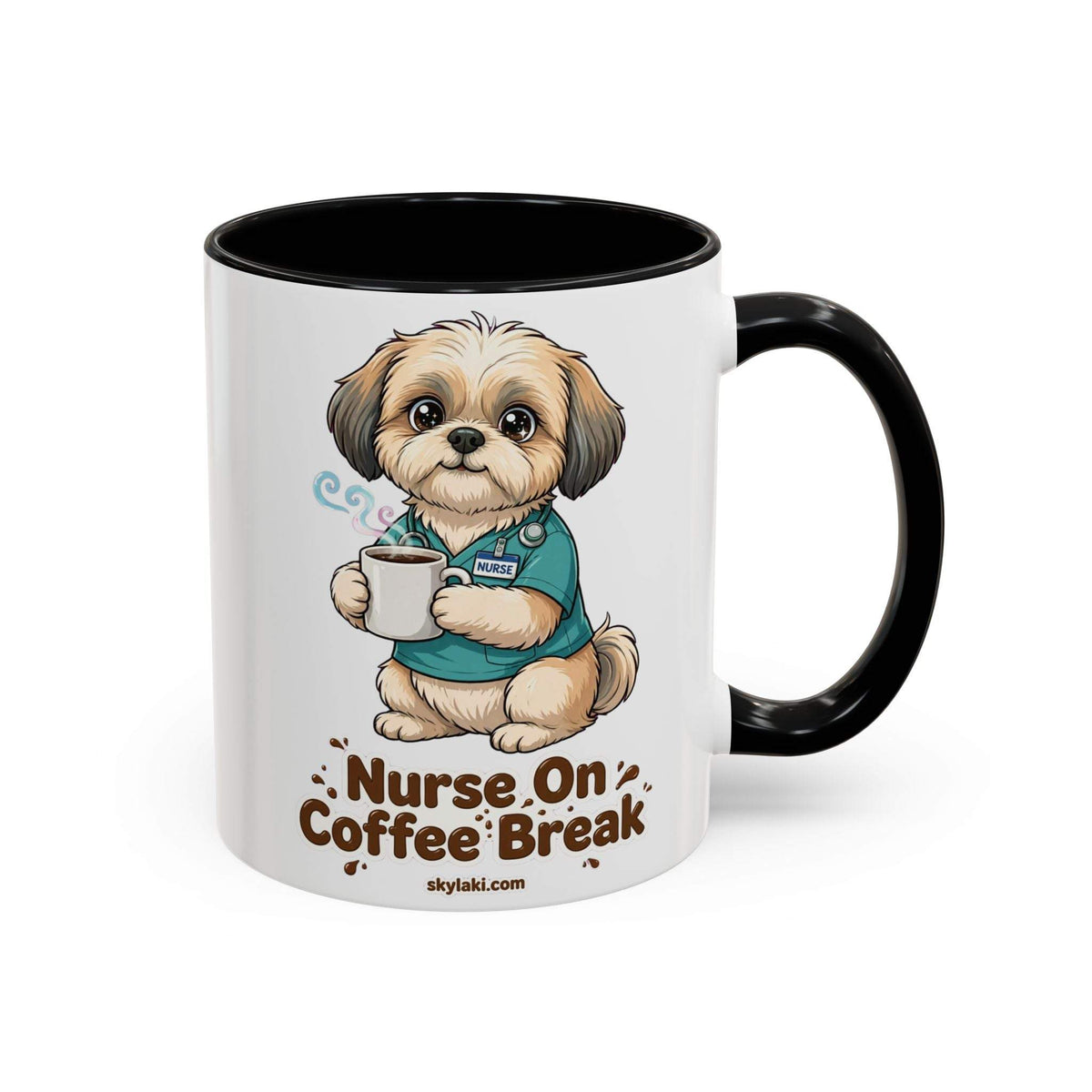 White ceramic Shih Tzu nurse coffee mug with black handle and interior