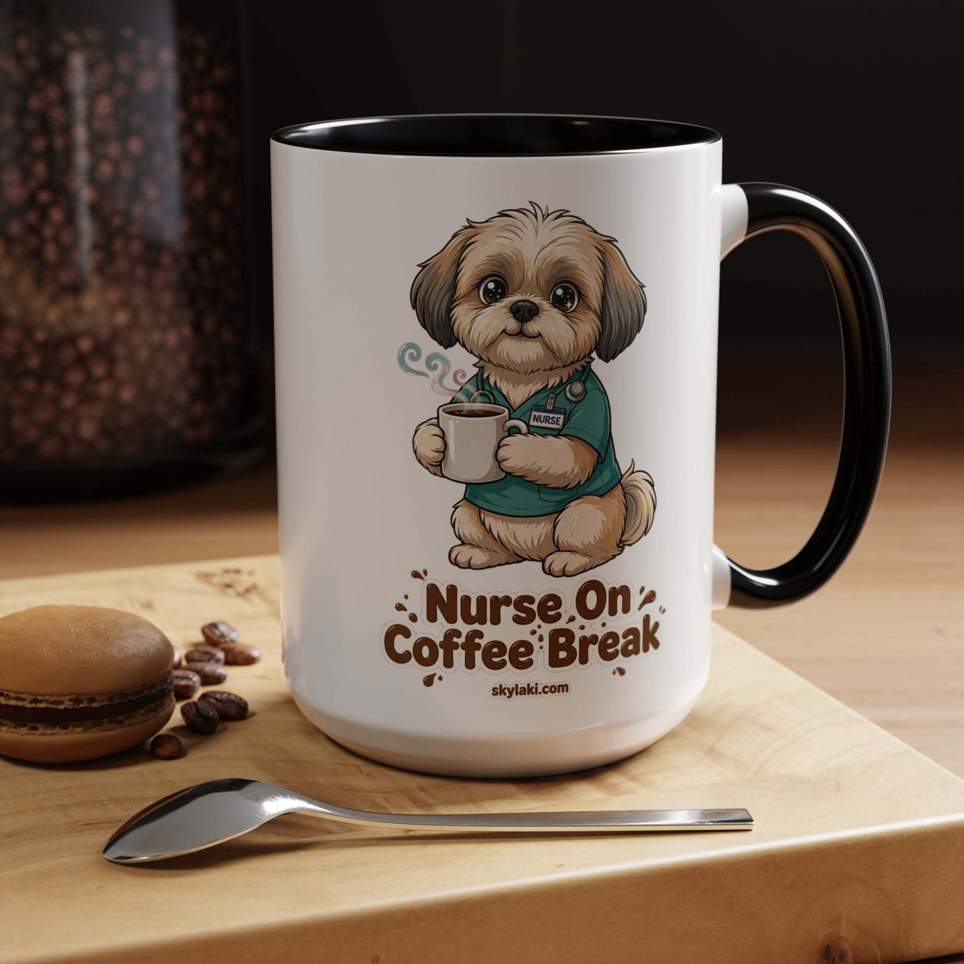 Shih Tzu nurse ceramic coffee mug with black handle and interior