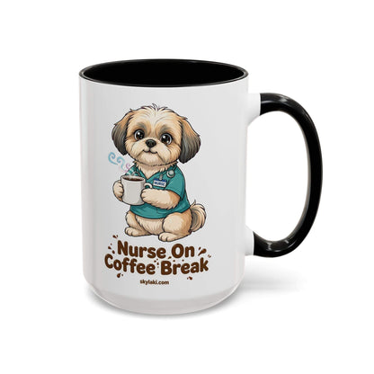Shih Tzu nurse coffee mug with black handle and cute dog illustration