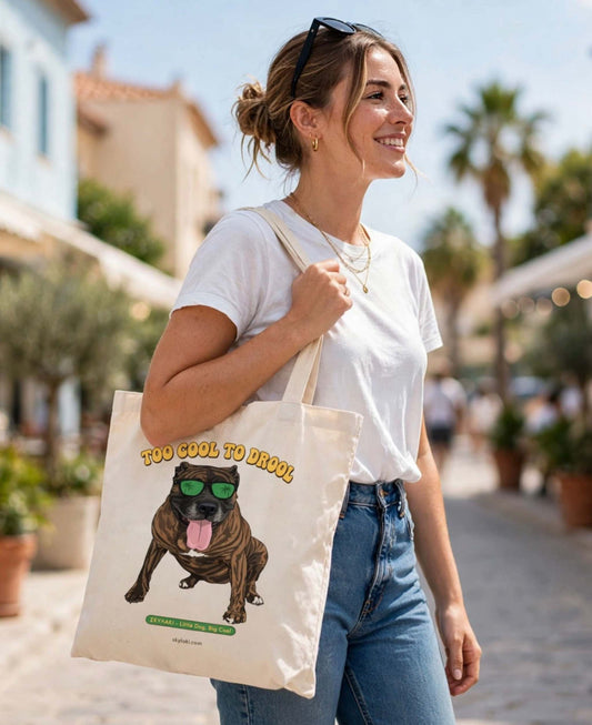 Too Cool to Drool Cane Corso tote bag with sunglasses dog design