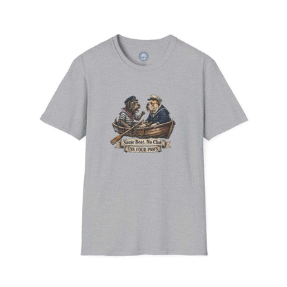 Two Old Salts Dog Shirt gray cotton T-shirt featuring two dogs in sailor hats rowing a boat with a nautical banner