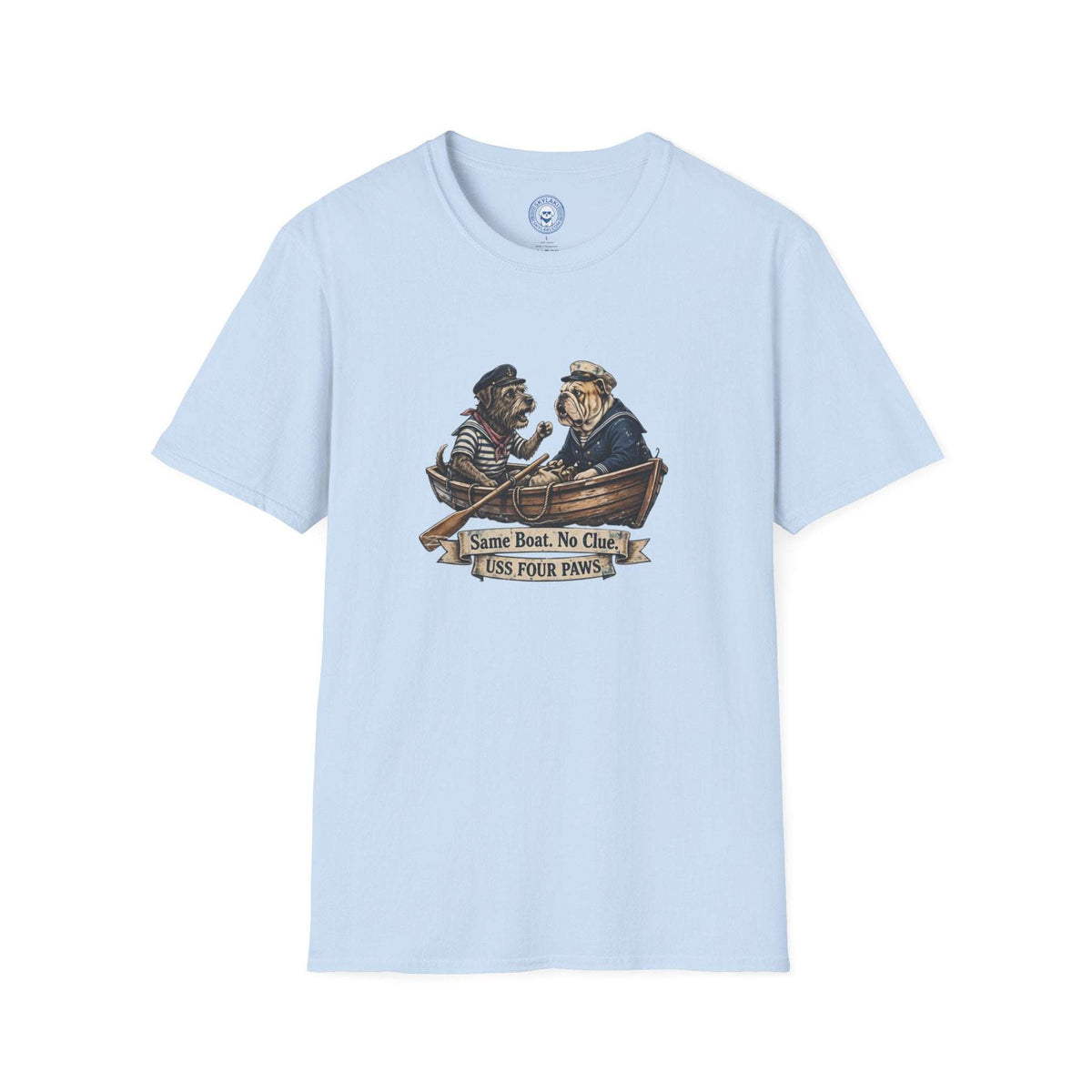 Two Old Salts Dog Shirt in light blue cotton with a detailed graphic of two dogs in a rowboat and nautical banner