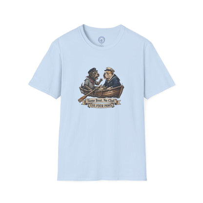 Two Old Salts Dog Shirt in light blue cotton with a detailed graphic of two dogs in a rowboat and nautical banner