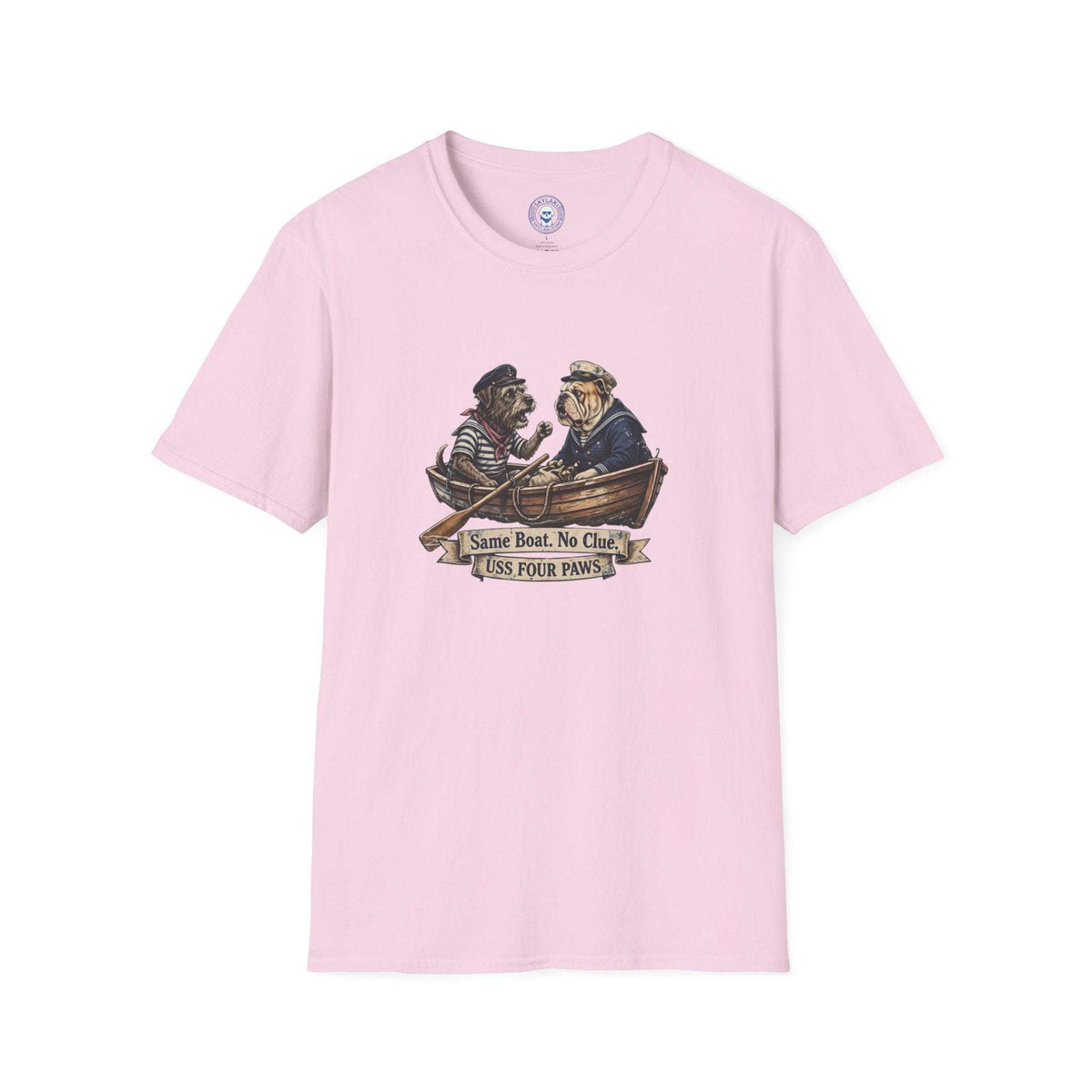 Two Old Salts Dog Shirt in pink cotton with a detailed graphic of two dogs in a rowboat and nautical banner