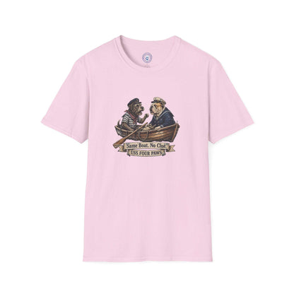 Two Old Salts Dog Shirt in pink cotton with a detailed graphic of two dogs in a rowboat and nautical banner