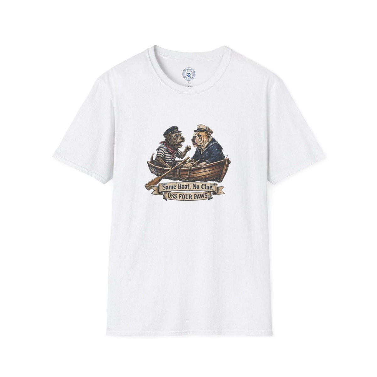Two Old Salts Dog Shirt white cotton unisex T-shirt featuring two dogs in a rowboat with nautical banner