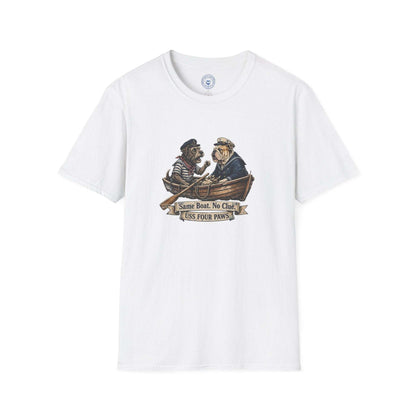 Two Old Salts Dog Shirt white cotton unisex T-shirt featuring two dogs in a rowboat with nautical banner