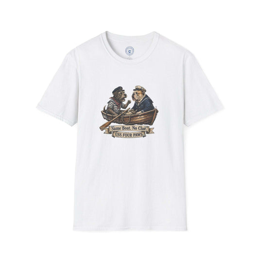 Two Old Salts Dog Shirt white cotton unisex T-shirt featuring two dogs in a rowboat with nautical banner
