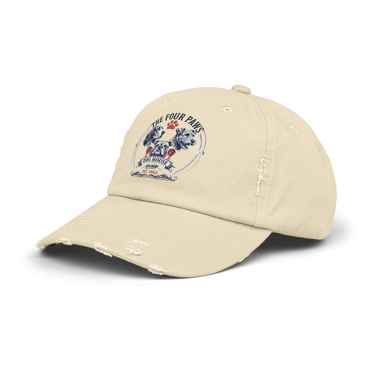 Vintage distressed cotton twill dog baseball cap with paw print crest
