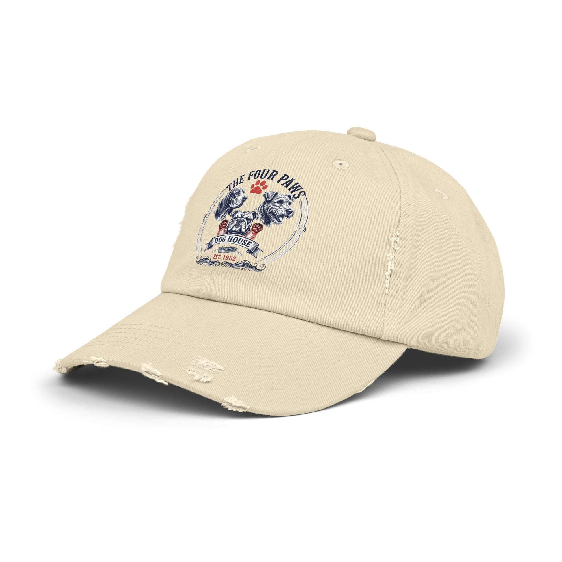 Vintage distressed cotton twill dog baseball cap with paw print crest