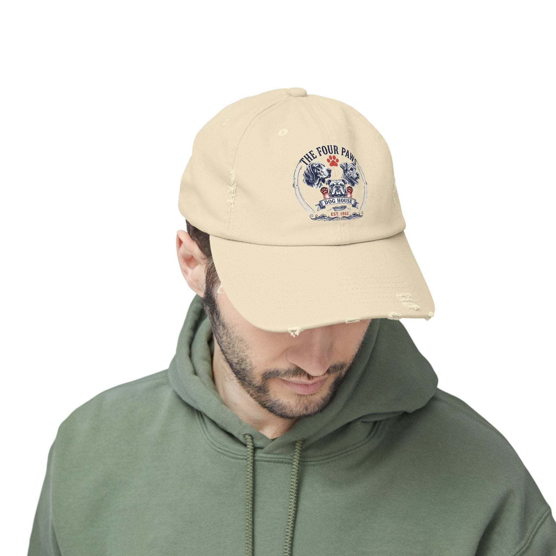 Vintage distressed dog-themed baseball cap with adjustable strap