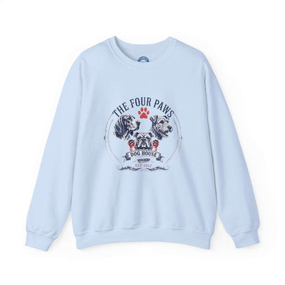 Unisex vintage dog sweatshirt with hand-drawn dog crest on white background