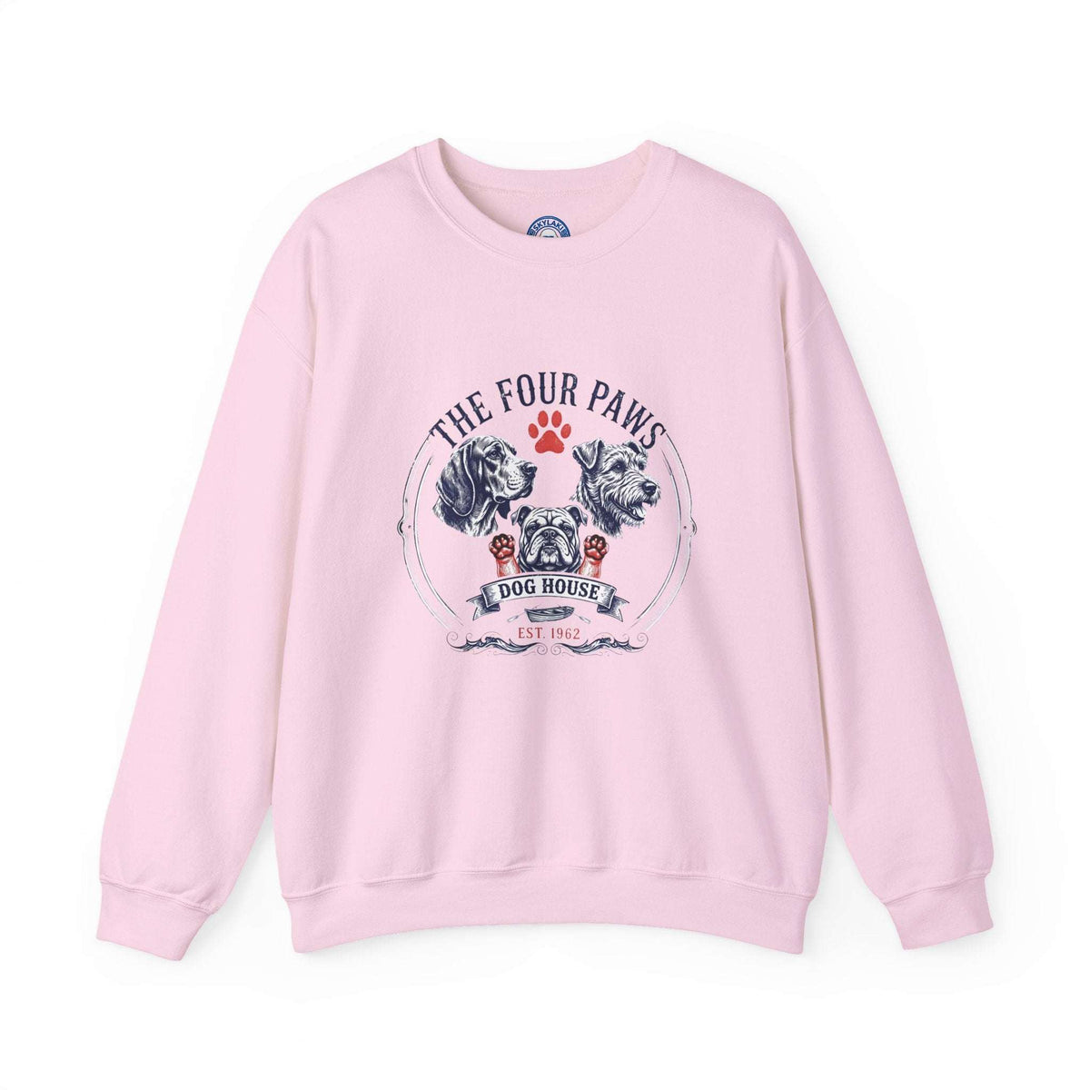 Vintage dog sweatshirt unisex with hand-drawn dog crest in white
