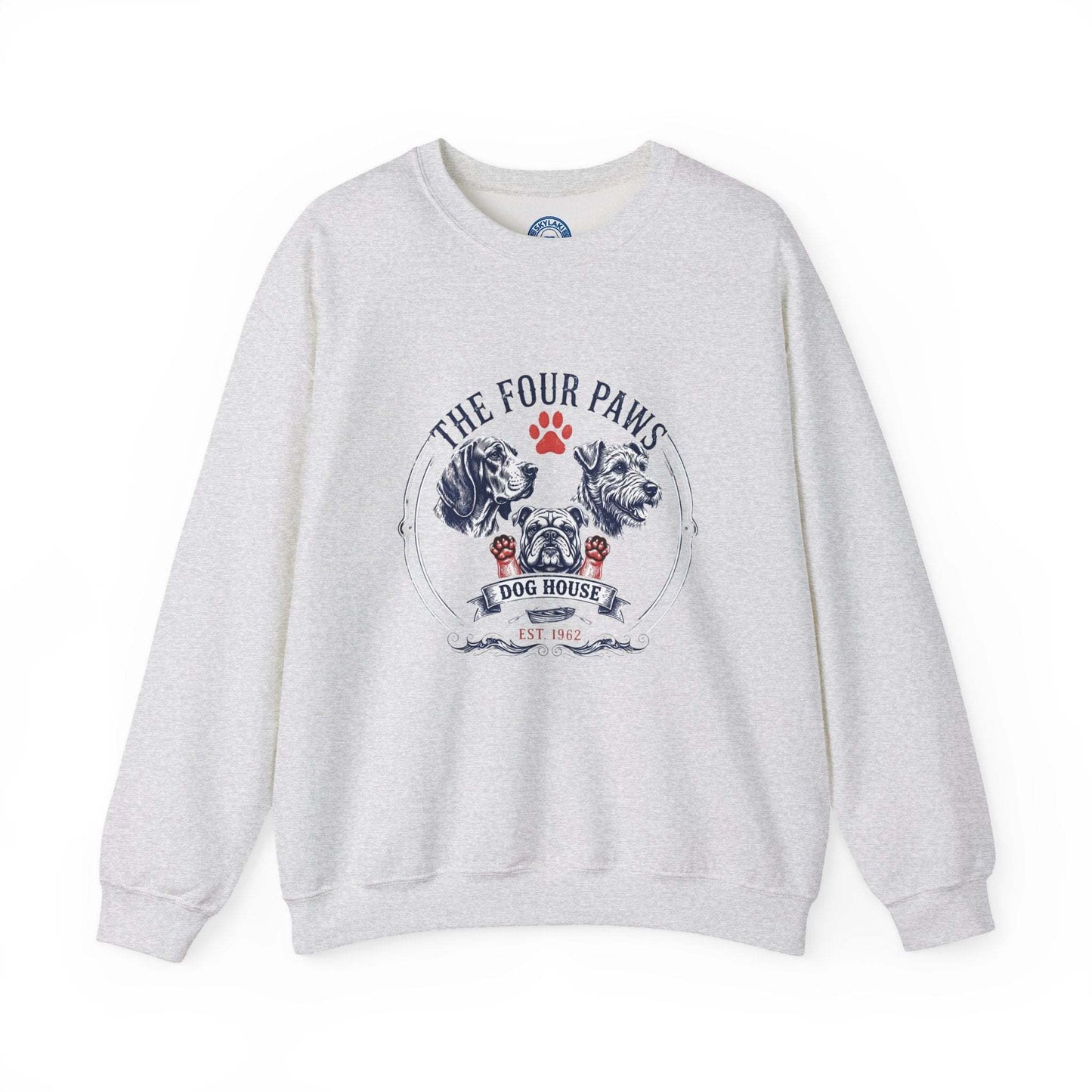 Unisex vintage dog sweatshirt with hand-drawn crest design