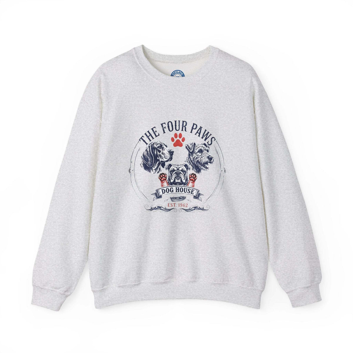 Unisex vintage dog sweatshirt with hand-drawn crest design