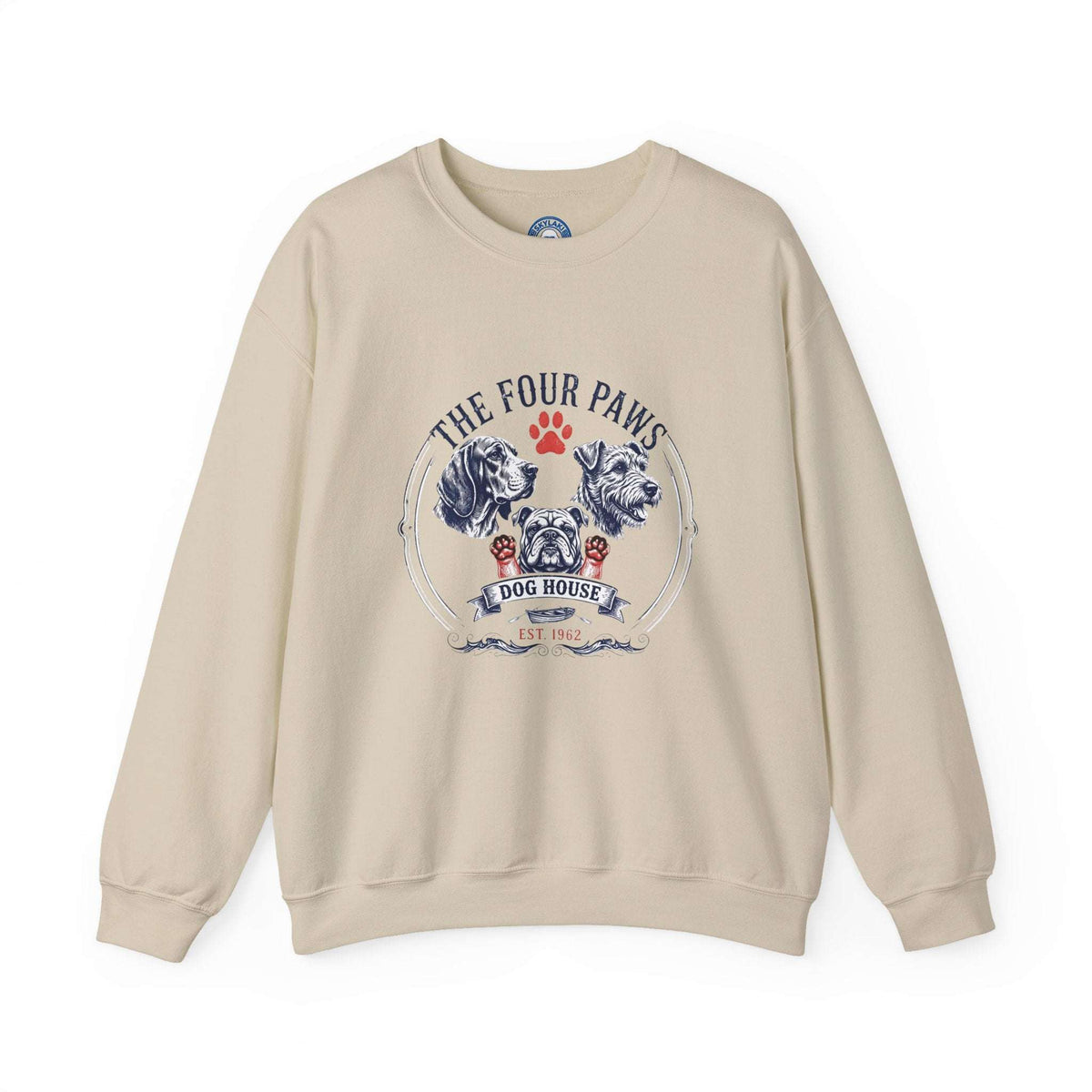 Unisex vintage dog sweatshirt with hand-drawn crest design by Skylaki