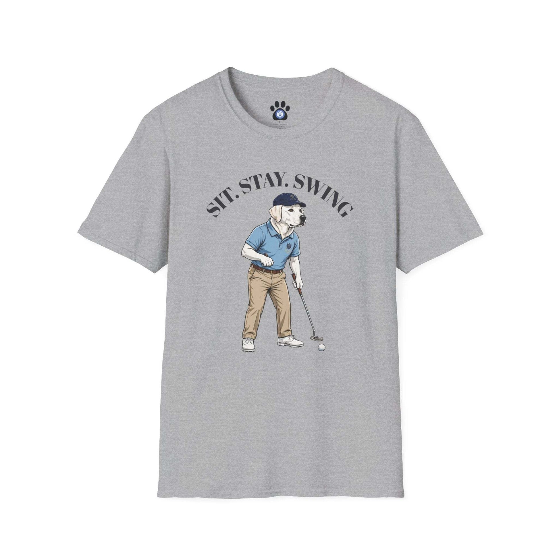 White Labrador Golf T-shirt with vintage putter-wielding child design