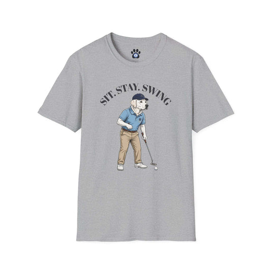 White Labrador Golf T-shirt with vintage putter-wielding child design