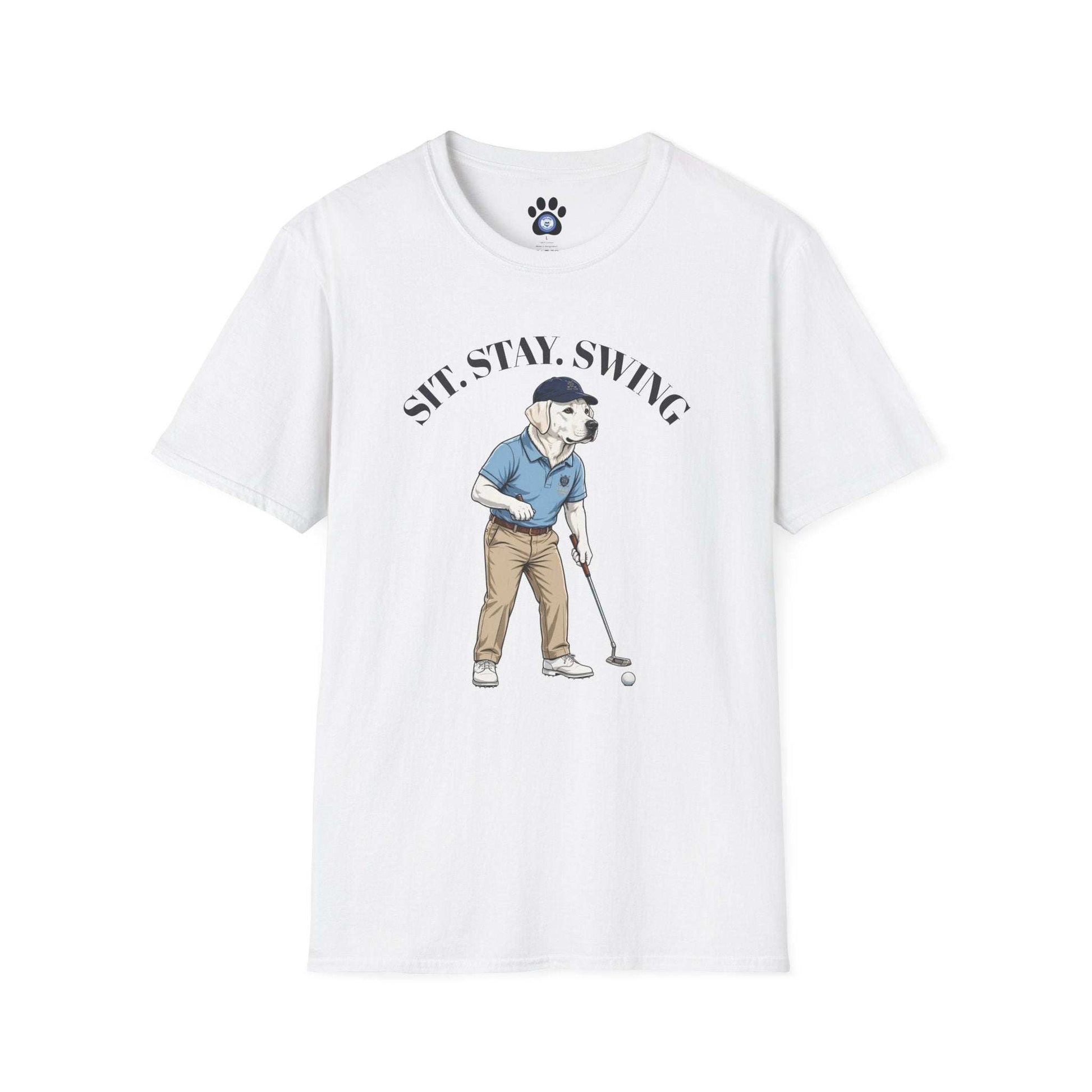 White Labrador Golf T-shirt featuring vintage putter child design
