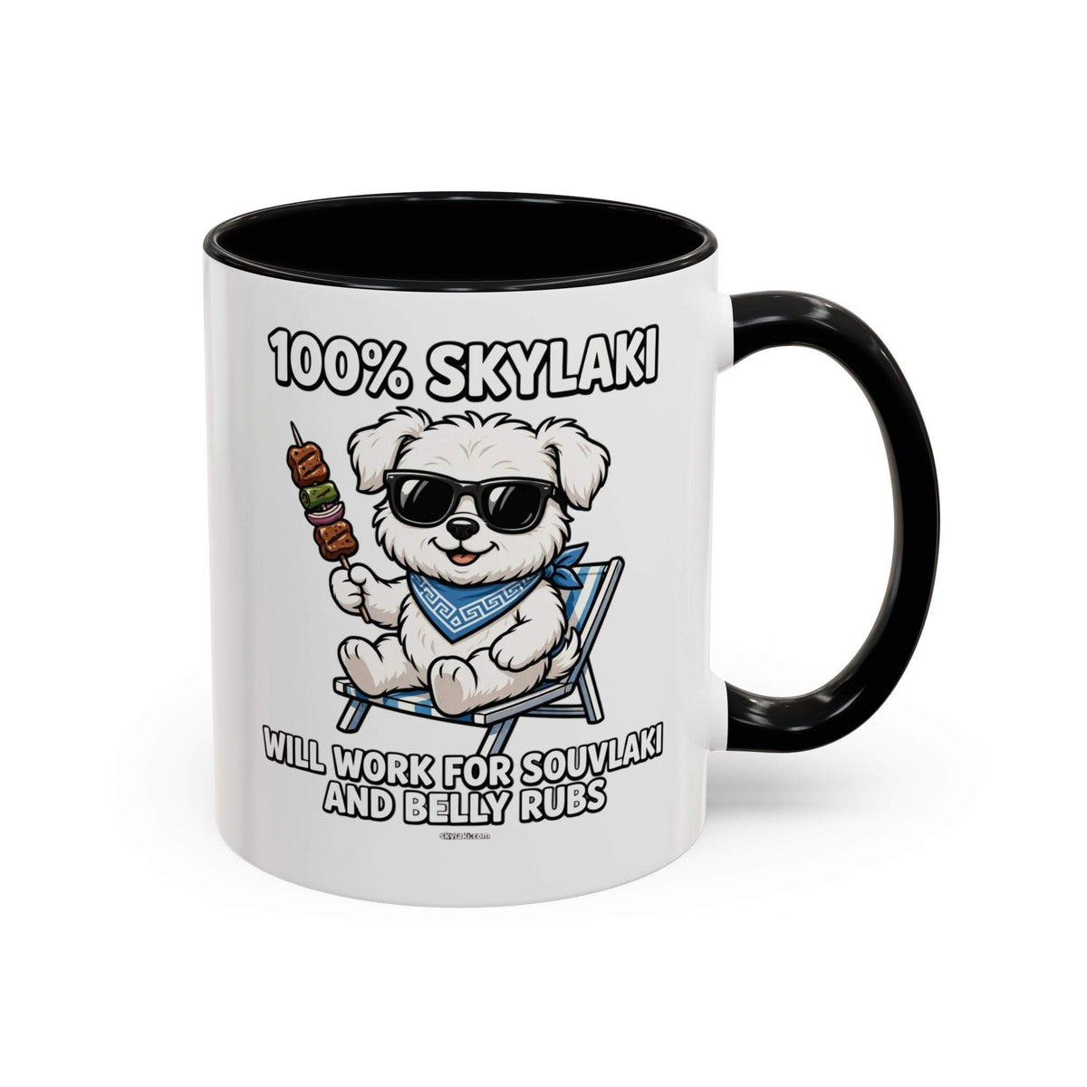 Ceramic coffee mug with a white exterior, black interior and handle, featuring a sunglasses-wearing dog and “Will Work for Souvlaki and Belly Rubs” text