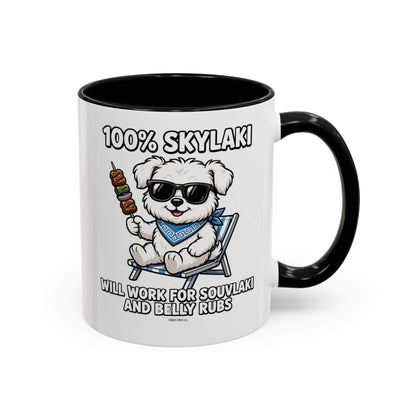 Ceramic coffee mug with a white exterior, black interior and handle, featuring a sunglasses-wearing dog and “Will Work for Souvlaki and Belly Rubs” text