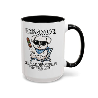 Ceramic coffee mug with white exterior, black interior and handle, featuring a sunglasses-wearing dog and “Will Work for Souvlaki and Belly Rubs” text