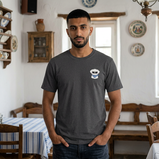 Will Work for Souvlaki Dog Shirt in charcoal gray cotton with a small cartoon dog wearing sunglasses on the chest
